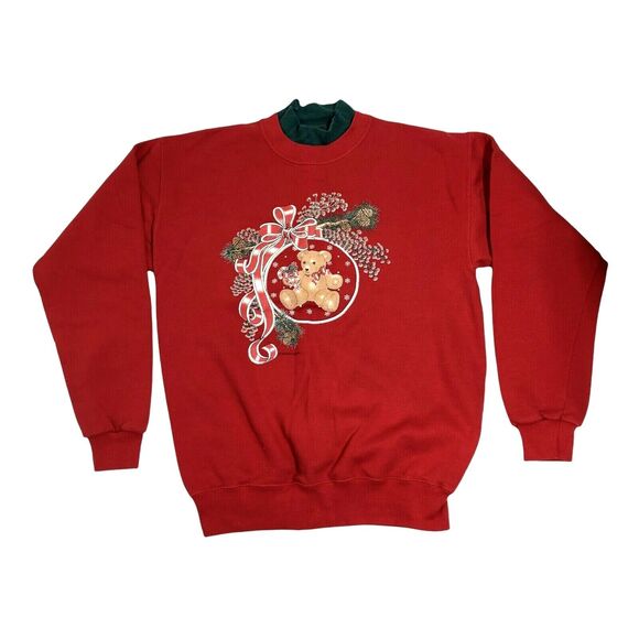 Vintage Tops - Vintage Christmas Red Mock Neck Sweatshirt Ugly Christmas Teddy Bear Made in USA